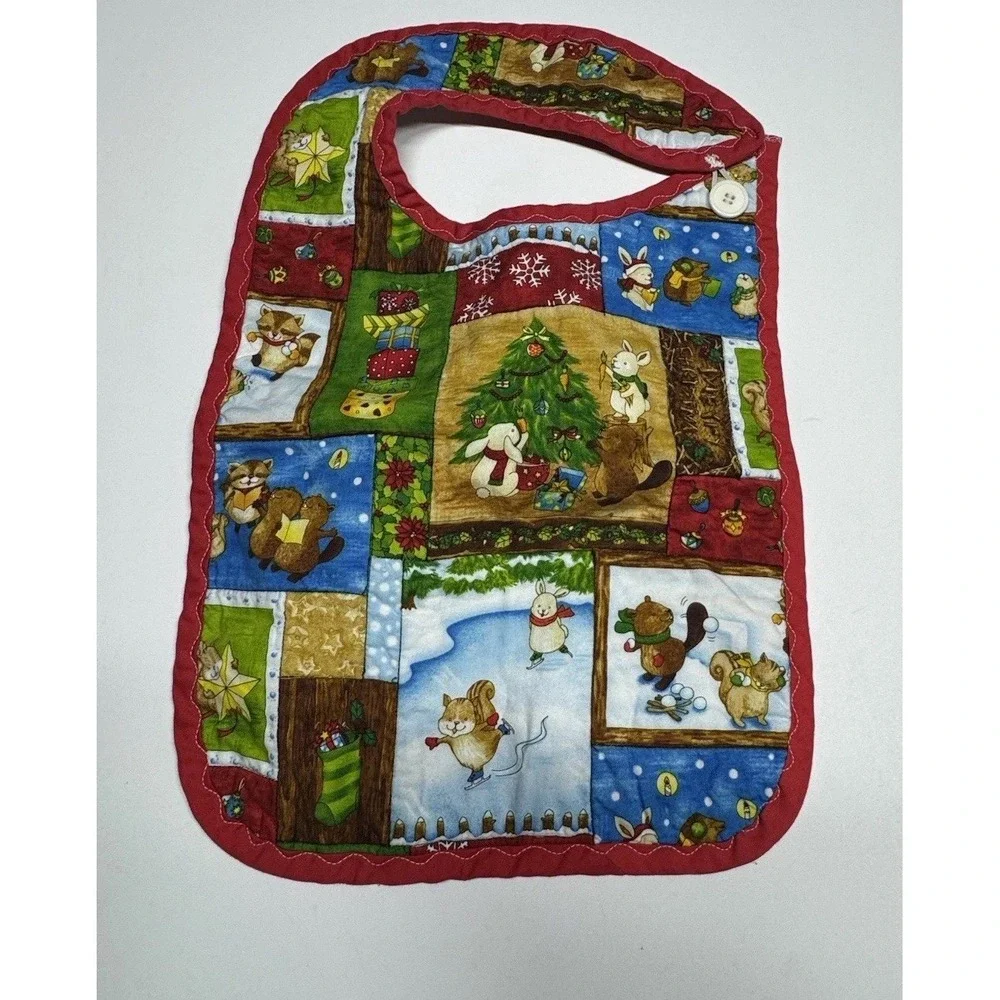 Vintage Baby's Christmas Reindeer Wildlife Bib Terry Cloth 1980's